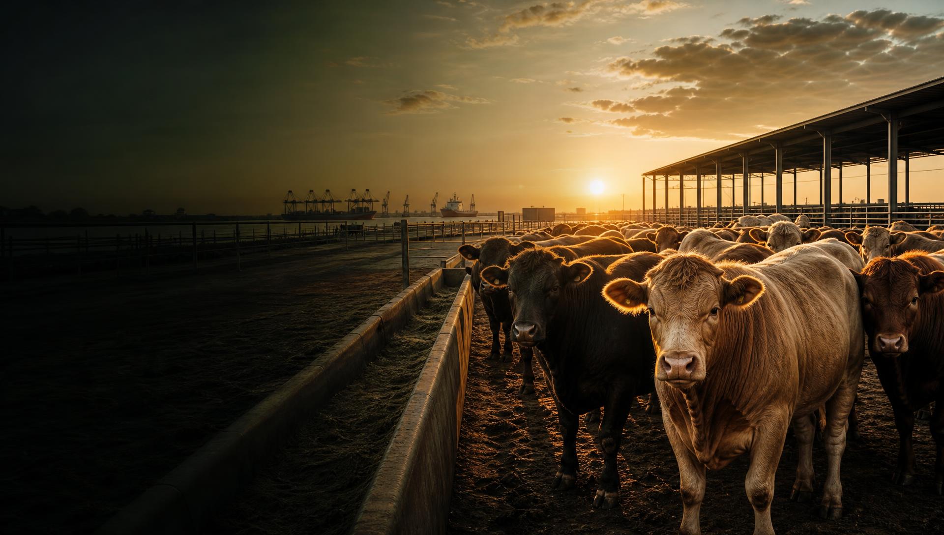 Livestock transport trucks beside a vessel at a Mediterranean commercial port at golden hour